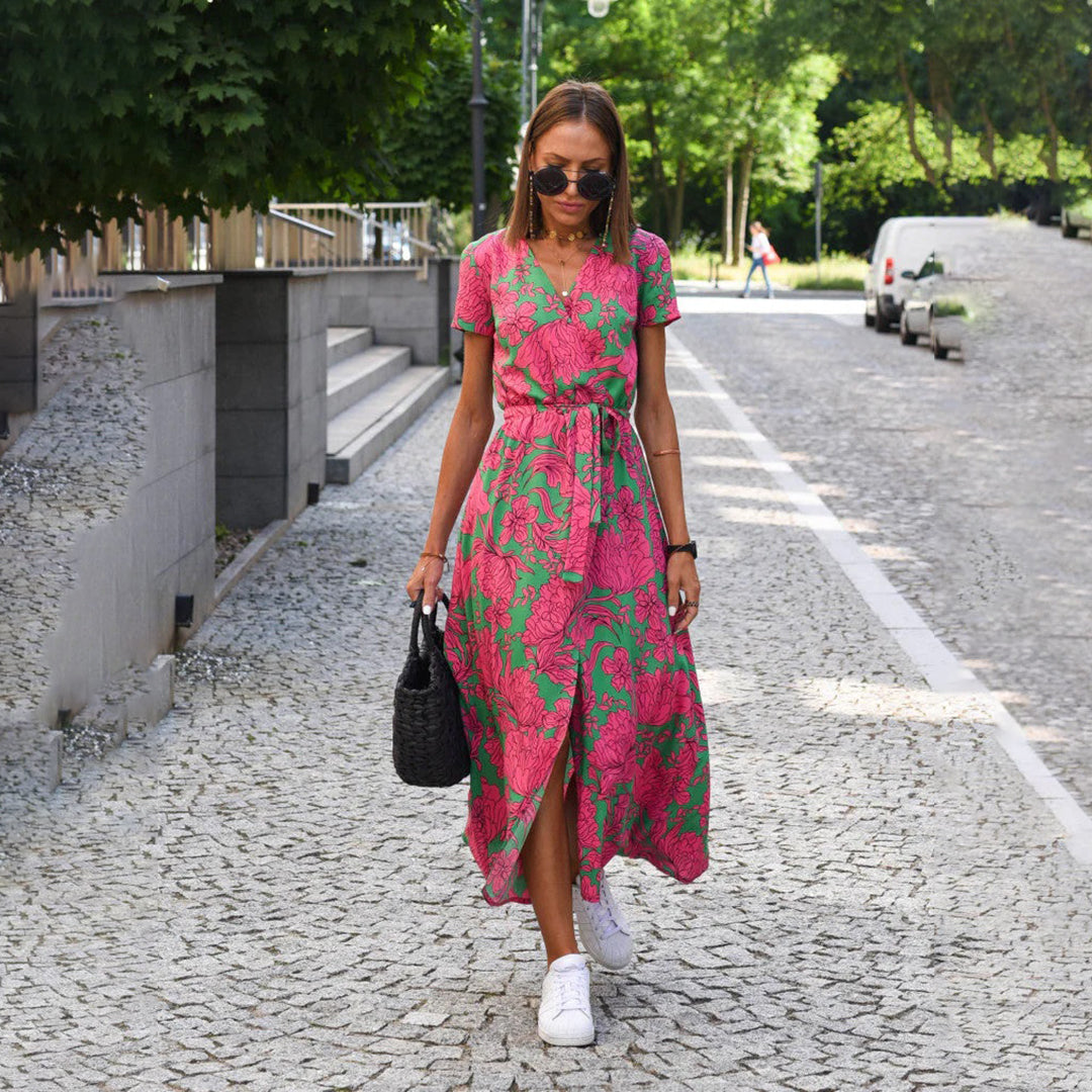 DEBORAH | VESTITO MIDI A PORTAFOGLIO A FIORI A MANICHE CORTE