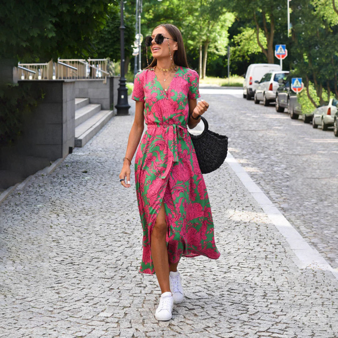 DEBORAH | VESTITO MIDI A PORTAFOGLIO A FIORI A MANICHE CORTE