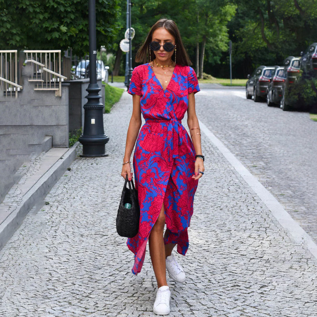 DEBORAH | VESTITO MIDI A PORTAFOGLIO A FIORI A MANICHE CORTE