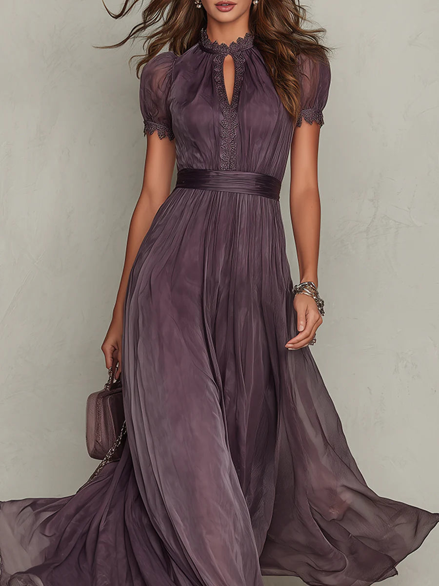 SOPHIE | ABITO LUNGO VIOLA CON SCOLLO A GIRO E RIFINITURE IN PIZZO CHIFFON