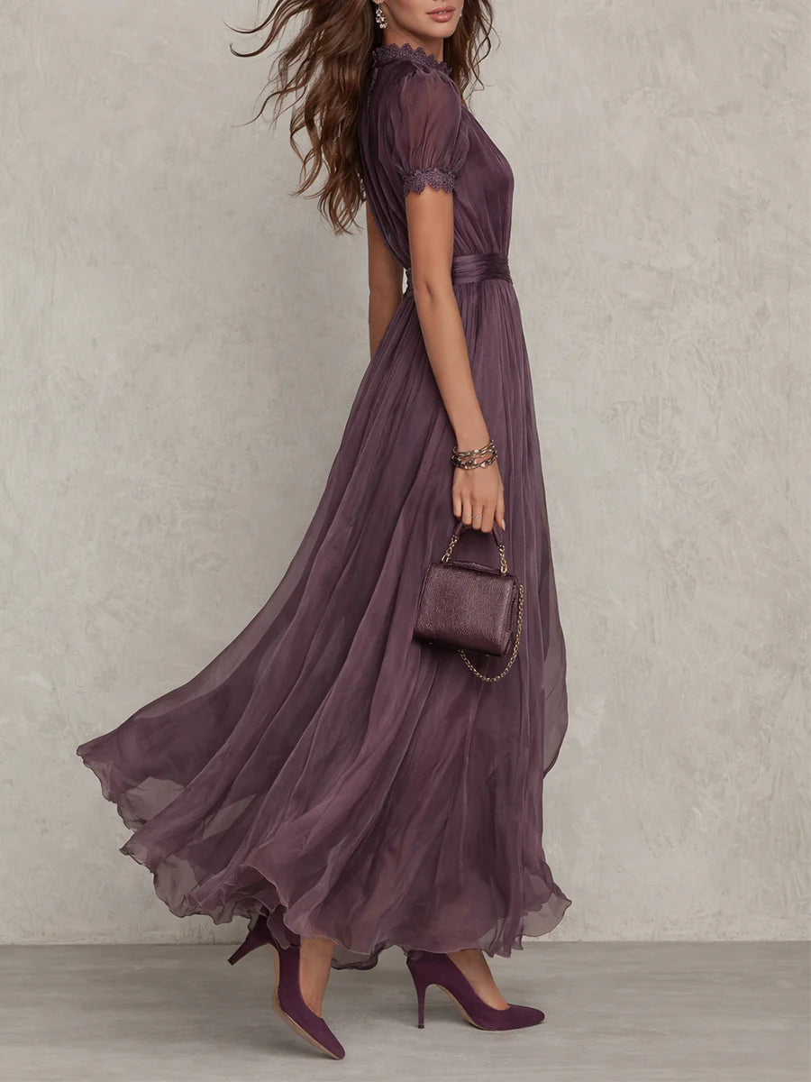 SOPHIE | ABITO LUNGO VIOLA CON SCOLLO A GIRO E RIFINITURE IN PIZZO CHIFFON