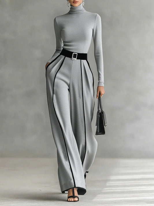 AMELIA | COMPLETO TOP A COLLO ALTO E PANTALONI A GAMBA LARGA CON PROFILI NERI