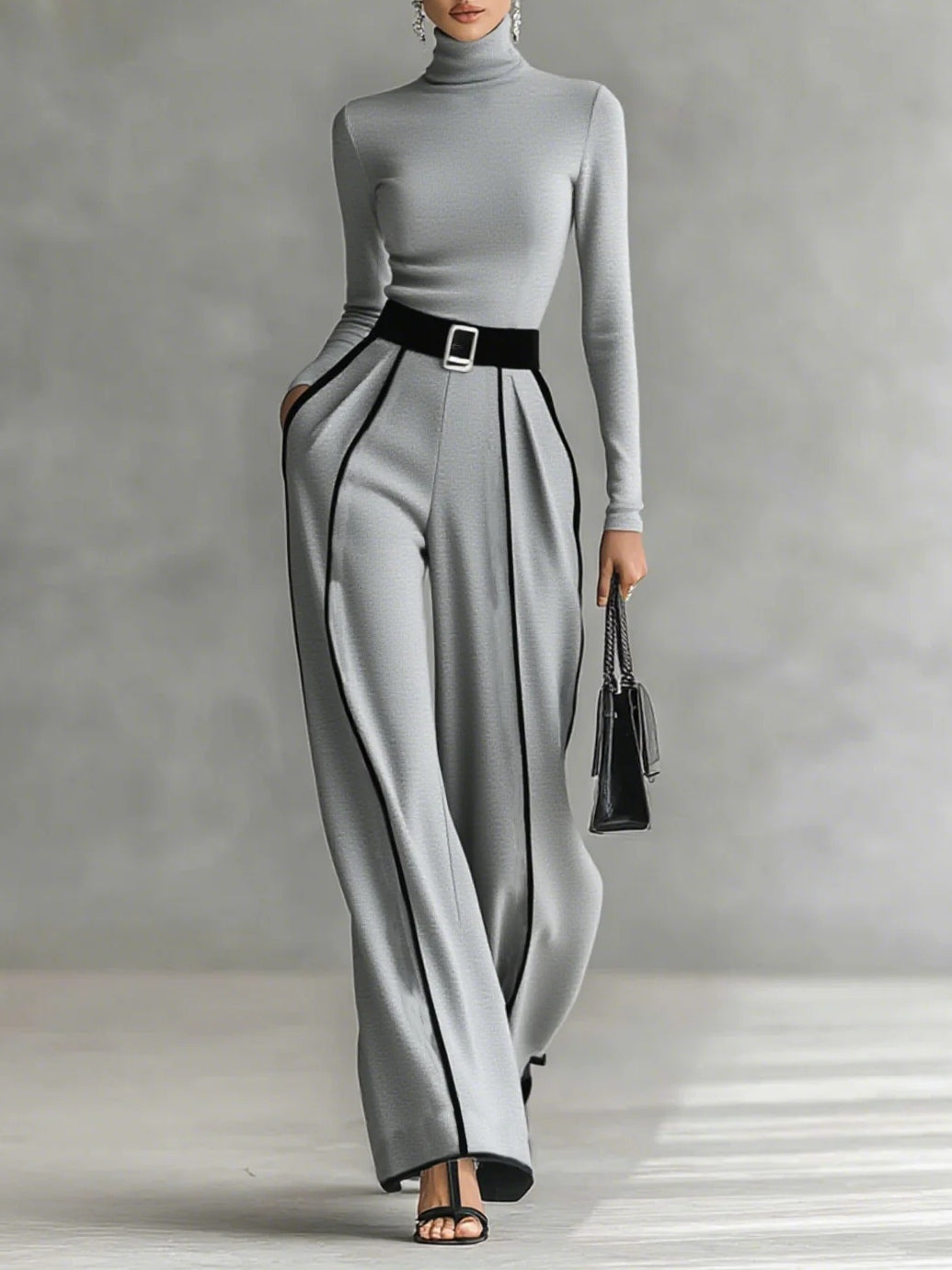 SOPHIE | COMPLETO TOP A COLLO ALTO CON BORDI BIANCHI E PANTALONI A GAMBA LARGA