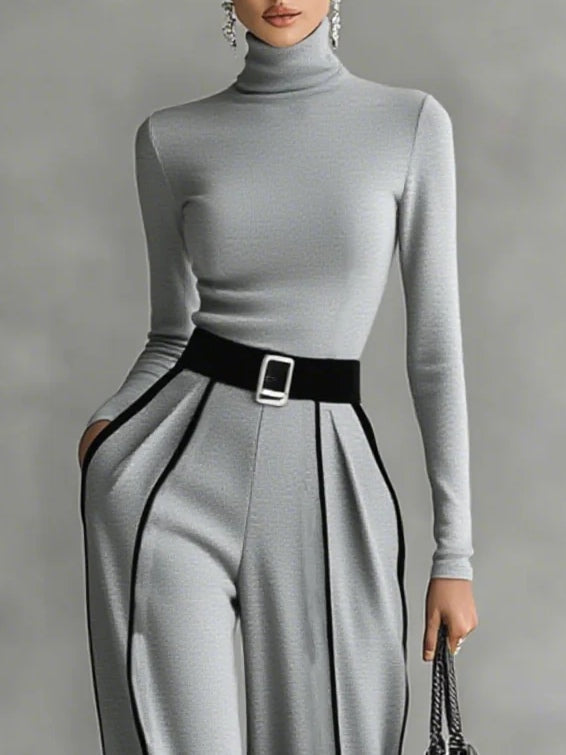 SOPHIE | COMPLETO TOP A COLLO ALTO CON BORDI BIANCHI E PANTALONI A GAMBA LARGA