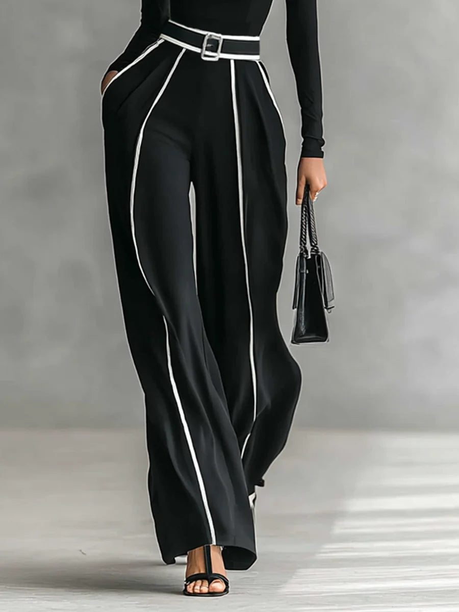 SOPHIE | COMPLETO TOP A COLLO ALTO CON BORDI BIANCHI E PANTALONI A GAMBA LARGA