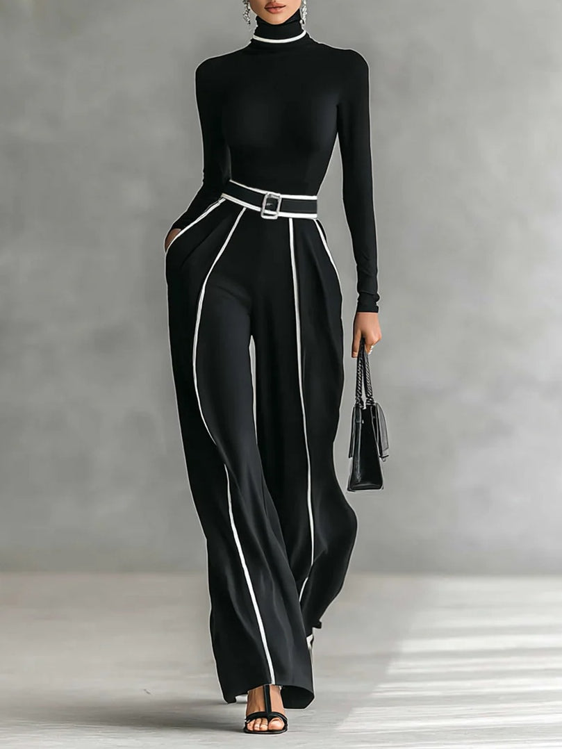 SOPHIE | COMPLETO TOP A COLLO ALTO CON BORDI BIANCHI E PANTALONI A GAMBA LARGA