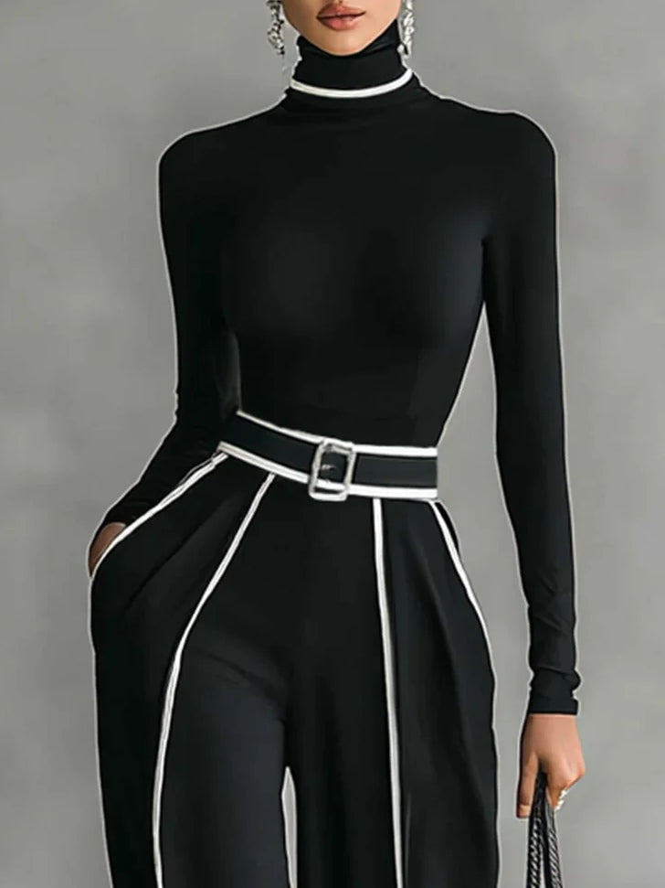 SOPHIE | COMPLETO TOP A COLLO ALTO CON BORDI BIANCHI E PANTALONI A GAMBA LARGA