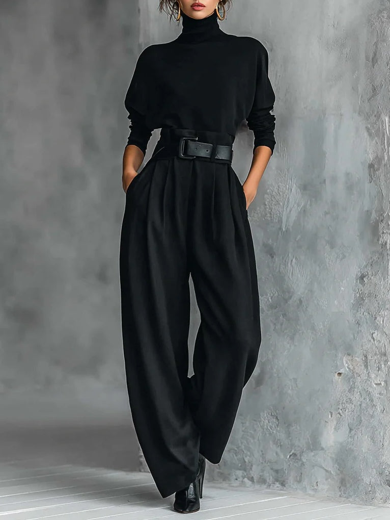 ISLA | COMPLETO TOP DOLCEVITA E PANTALONI A GAMBA DRITTA TOTAL BLACK
