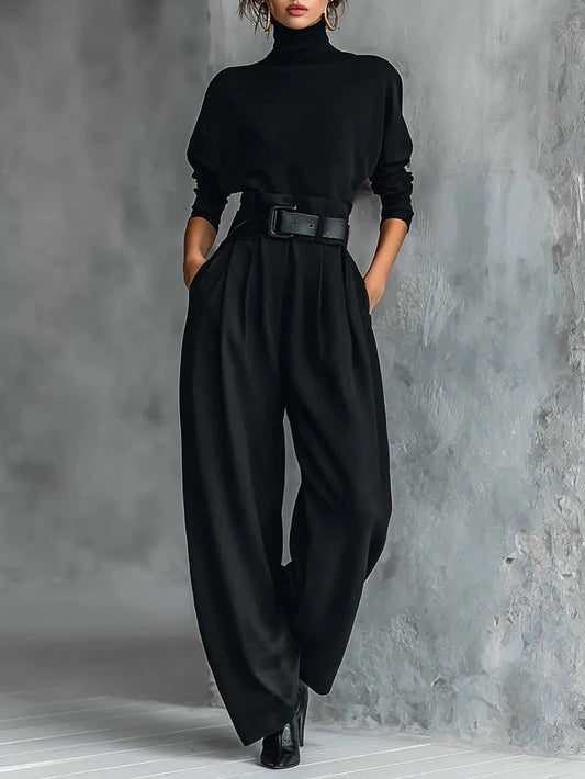 ISLA | COMPLETO TOP DOLCEVITA E PANTALONI A GAMBA DRITTA TOTAL BLACK