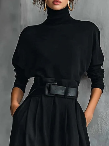 ISLA | COMPLETO TOP DOLCEVITA E PANTALONI A GAMBA DRITTA TOTAL BLACK