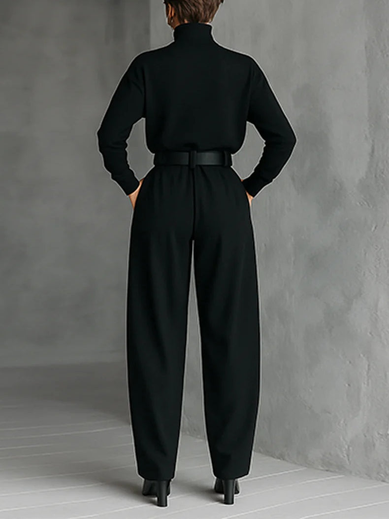 ISLA | COMPLETO TOP DOLCEVITA E PANTALONI A GAMBA DRITTA TOTAL BLACK