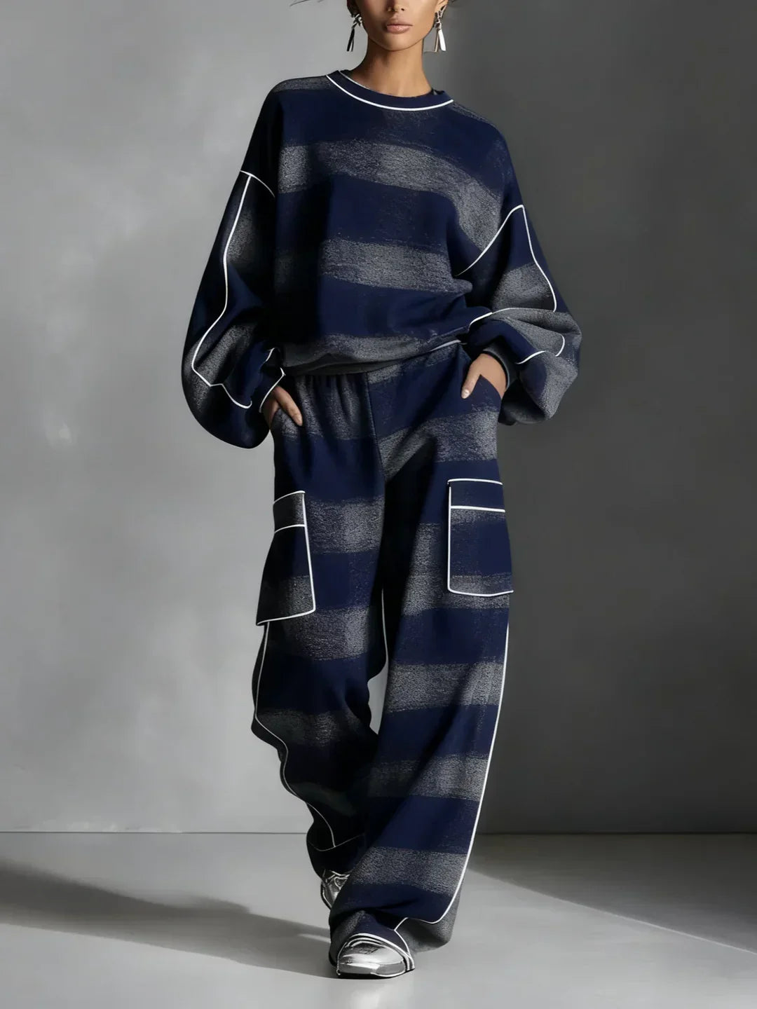 CHARLOTTE | COMPLETO FELPA E PANTALONI CASUAL A BLOCCHI DI COLORE CON MOTIVO A QUADRI NERO E GRIGIO