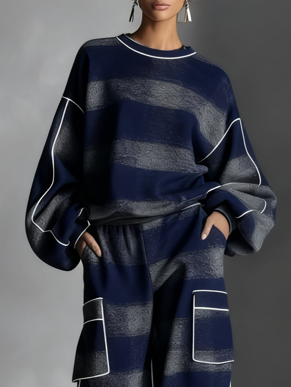 ELLA | COMPLETO FELPA E PANTALONI CASUAL A QUADRI BLU E GRIGIO A BLOCCHI DI COLORE