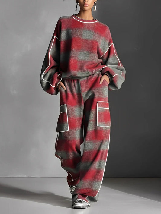 LILY | COMPLETO FELPA E PANTALONI CASUAL A BLOCCHI DI COLORE A QUADRI ROSSO E GRIGIO