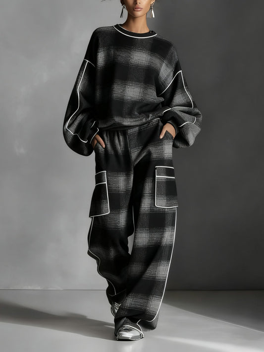CHARLOTTE | COMPLETO FELPA E PANTALONI CASUAL A BLOCCHI DI COLORE CON MOTIVO A QUADRI NERO E GRIGIO