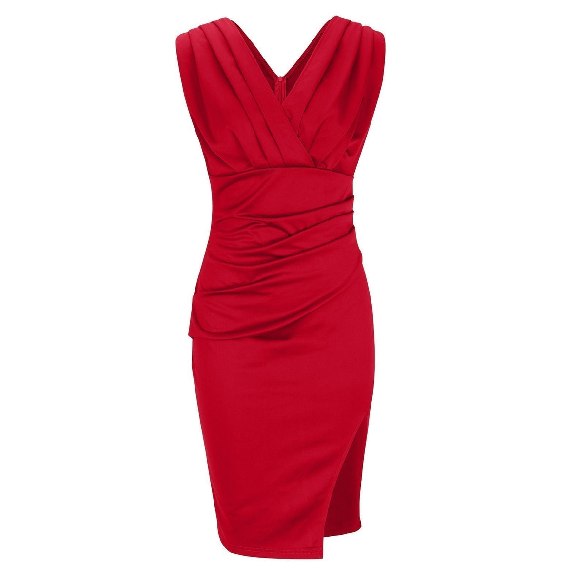 LORETTA | ABITO MIDI SMANICATO CON SCOLLO A V, ARRICCIATURE E SPACCO