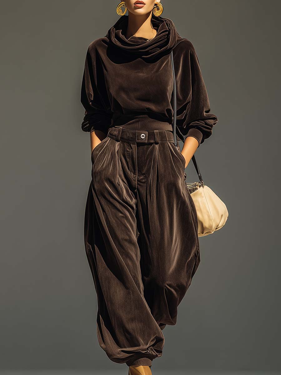 FREYA | COMPLETO FELPA CON CAPPUCCIO IN VELLUTO MARRONE VINTAGE E PANTALONI AMPI