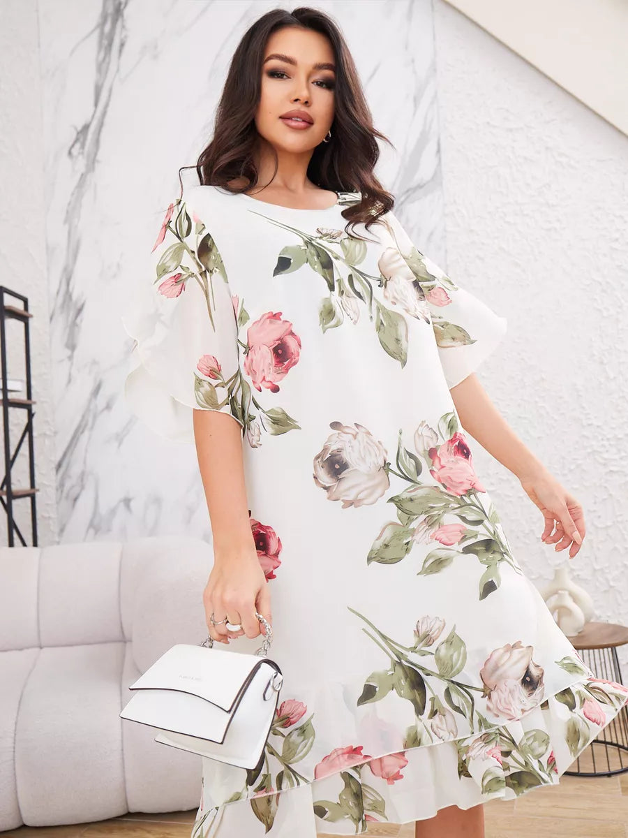 LEANNE | ABITO CORTO A MANICHE CORTE IN CHIFFON A FIORI CON ORLO A BALZA