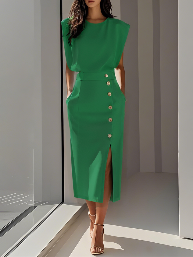 GENEVIEVE | ABITO MIDI CON SPALLE IMBOTTITE, DETTAGLIO BOTTONI E SPACCO