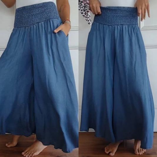 BLYTHE | PANTALONI IN DENIM A GAMBA LARGA E VITA ALTA CON ARRICCIATURA