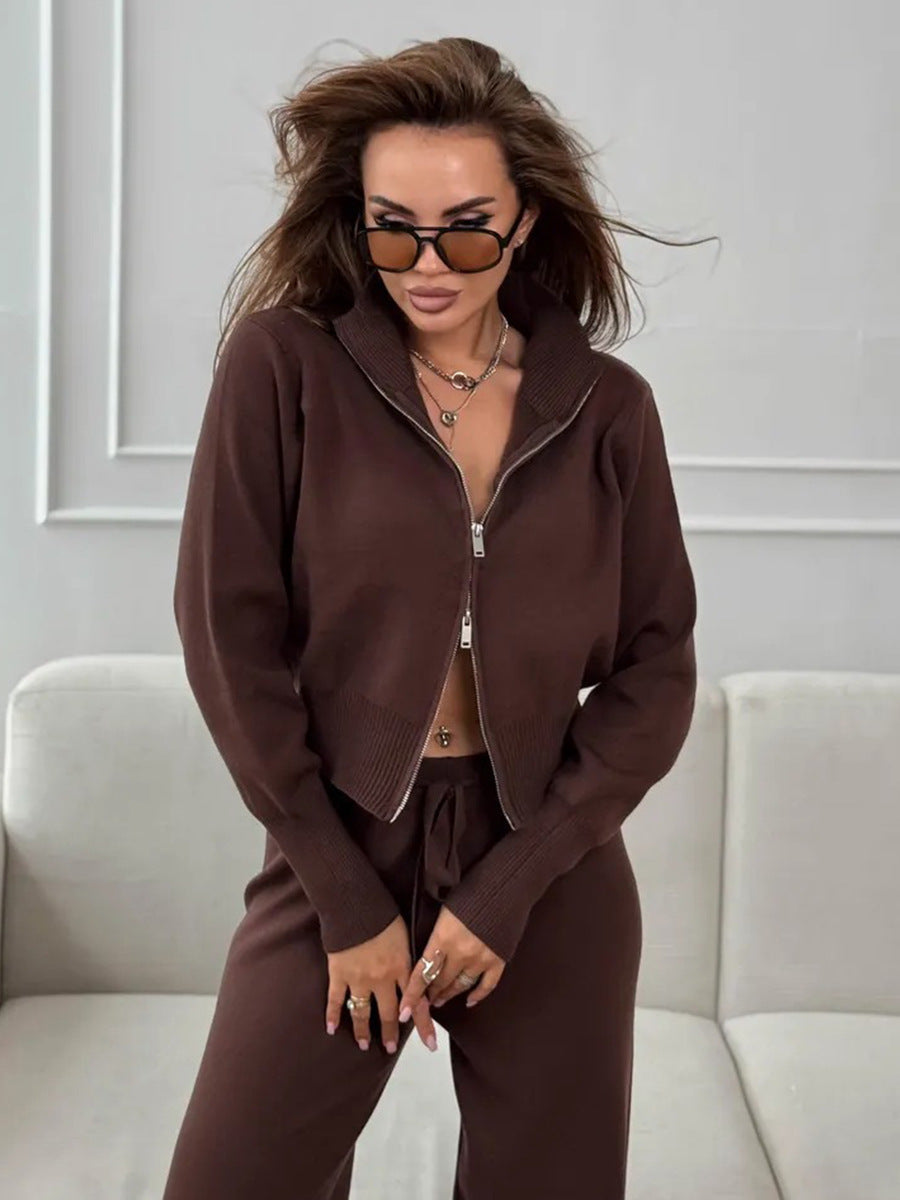 ISLA | COMPLETO IN MAGLIA 2 PEZZI – PANTALONI GAMBA AMPIA CON COULISSE E GIACCA CON ZIP