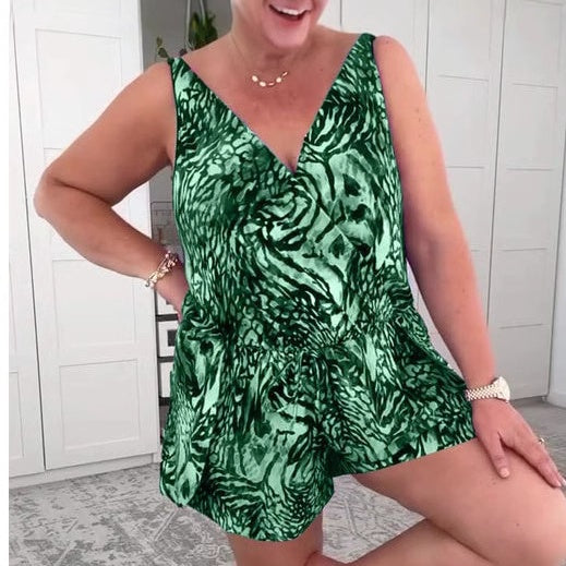 MARILYN | TUTA CORTA CON SCOLLO A V E STAMPA ANIMALIER