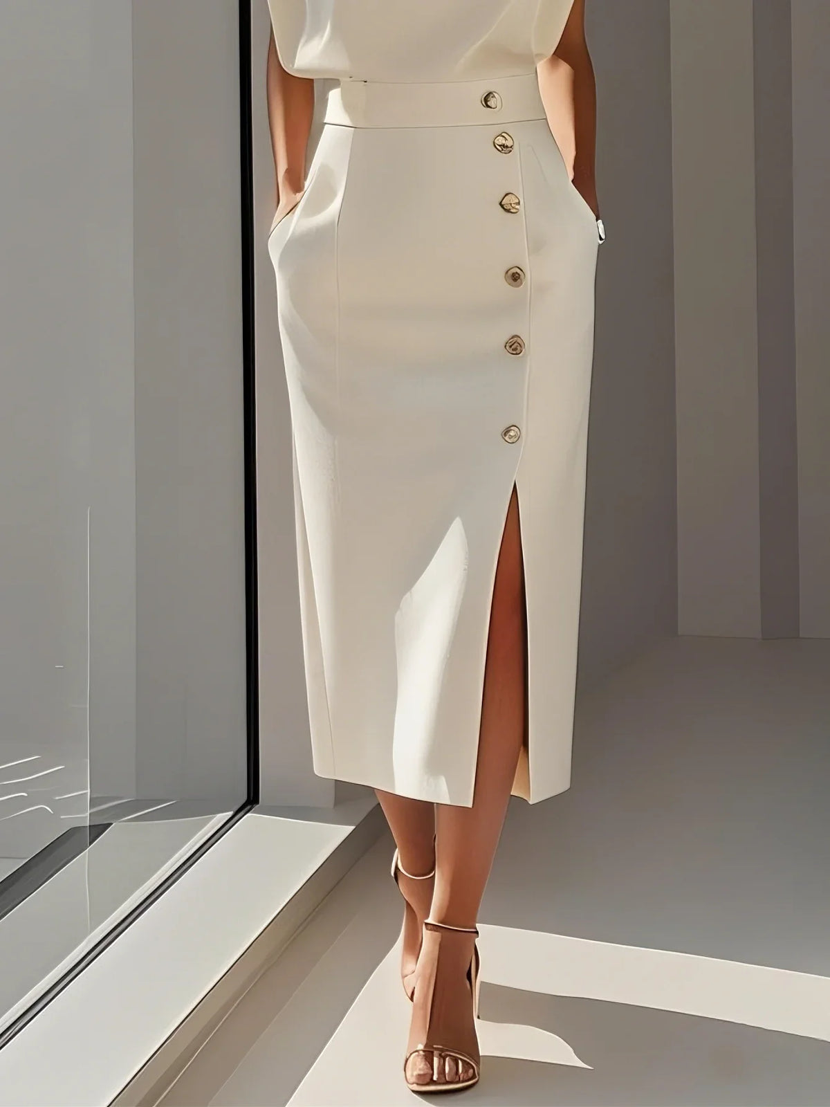 GENEVIEVE | ABITO MIDI CON SPALLE IMBOTTITE, DETTAGLIO BOTTONI E SPACCO