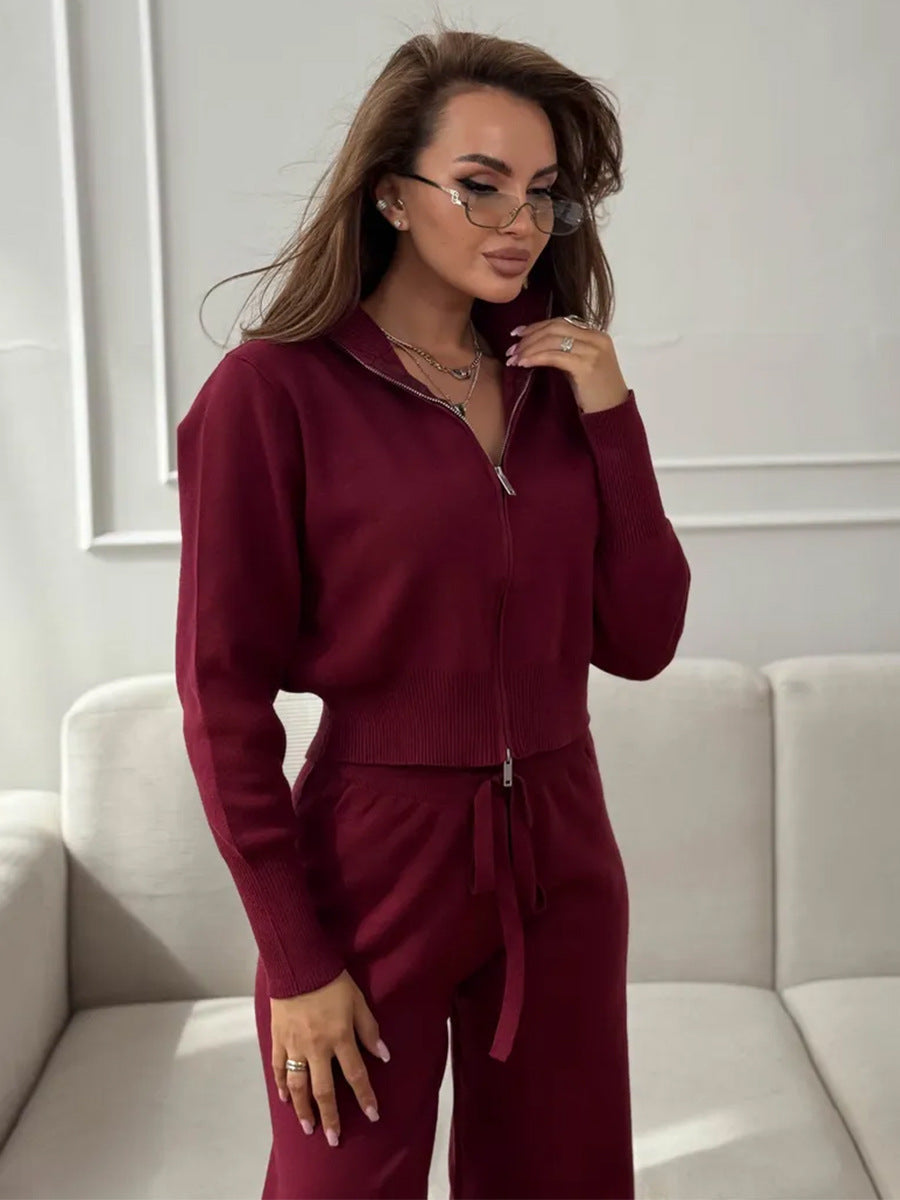 ISLA | COMPLETO IN MAGLIA 2 PEZZI – PANTALONI GAMBA AMPIA CON COULISSE E GIACCA CON ZIP