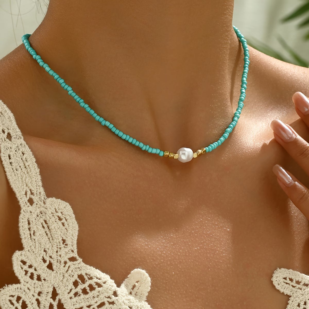 AZURINE | COLLANA MINIMAL TURCHESE E PERLA
