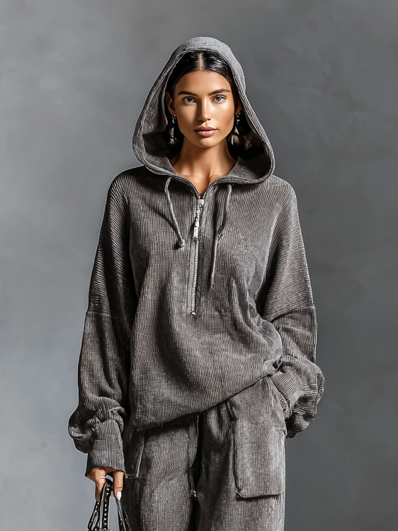 EVELYN | COMPLETO DONNA CASUAL IN VELLUTO A COSTE CON FELPA CON CAPPUCCIO E PANTALONI DRITTI