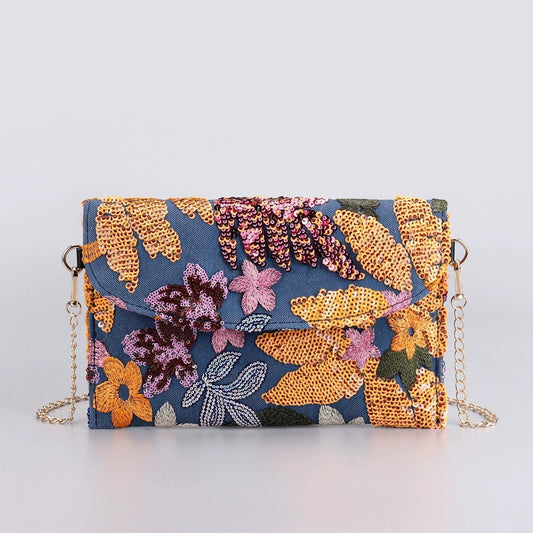 MIDNIGHTBLOOM | POCHETTE A TRACOLLA CON PAILLETTES A TEMA FLOREALE AUTUNNALE