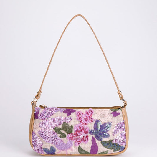 LILACBLOOM | BORSA A SPALLA CON PAILLETTE A MOTIVO FLOREALE VIOLA