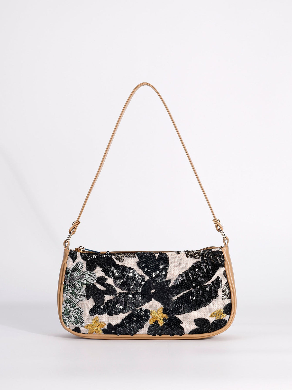 NOIRBLOOM | BORSA A SPALLA CON PAILLETTE A MOTIVO FLOREALE NERO