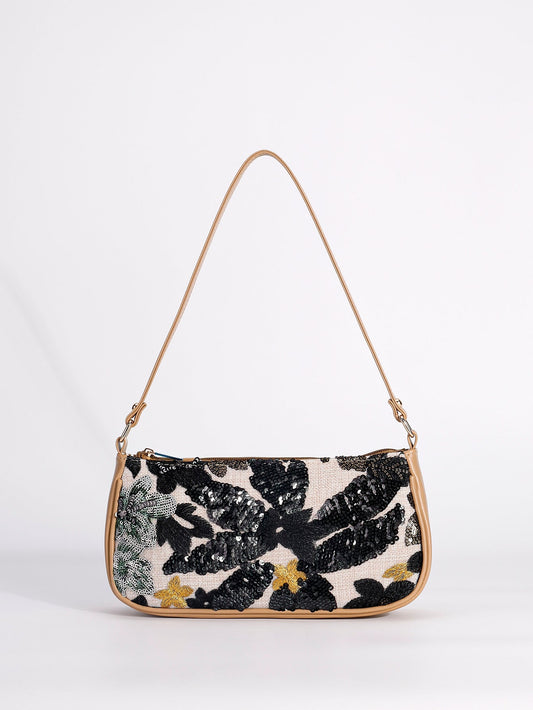 NOIRBLOOM | BORSA A SPALLA CON PAILLETTE A MOTIVO FLOREALE NERO