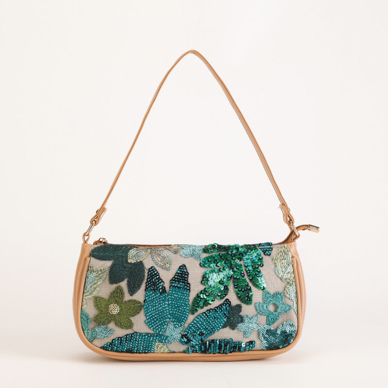 EMERALDBLOOM | BORSA A SPALLA VERDE CON PAILLETTE A MOTIVO FLOREALE