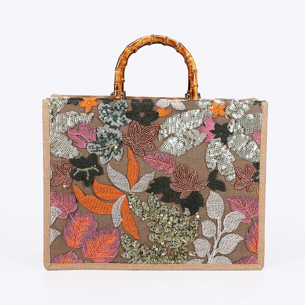 AUTUMNLEAF | BORSA TOTE CON MANICO IN BAMBÙ E PAILLETTES BOTANICHE