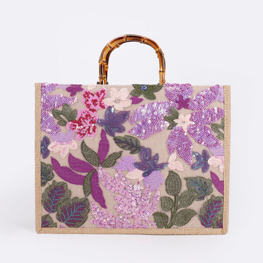 LILACGARDEN | BORSA TOTE CON MANICO IN BAMBÙ E PAILLETTES FLOREALI VIOLA