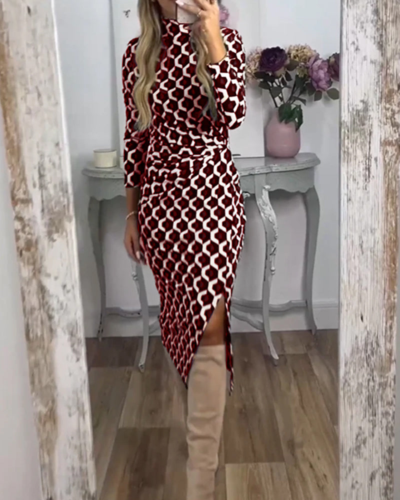 ROXANNE | ABITO MIDI ARRICCIATO CON STAMPA GEOMETRICA E SPACCO
