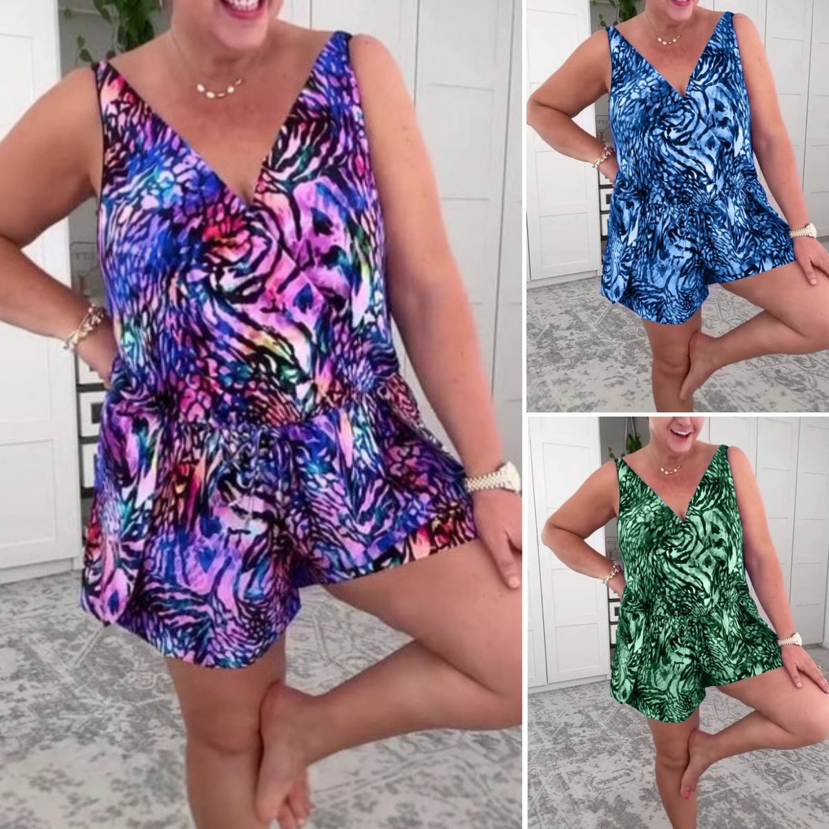 MARILYN | TUTA CORTA CON SCOLLO A V E STAMPA ANIMALIER