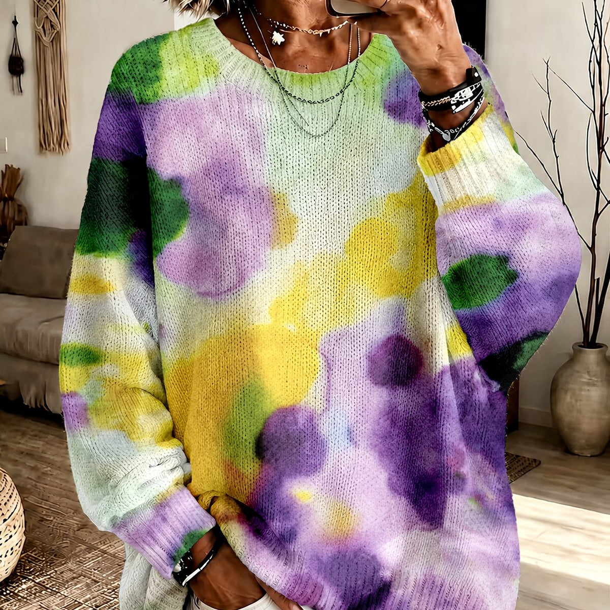 VIOLETTA | MAGLIONE GIROCOLLO CON STAMPA FLOREALE TIE-DYE VIOLA