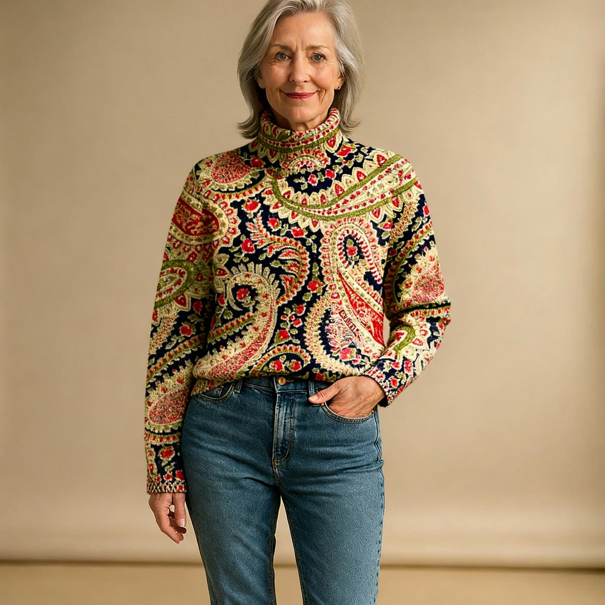 POPPY | MAGLIONE A DOLCEVITA IN MAGLIA CON STAMPA FLOREALE VINTAGE