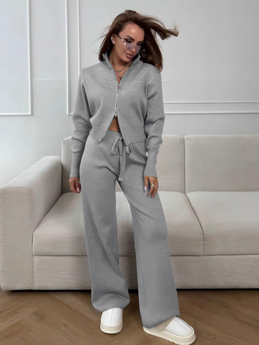 ISLA | COMPLETO IN MAGLIA 2 PEZZI – PANTALONI GAMBA AMPIA CON COULISSE E GIACCA CON ZIP