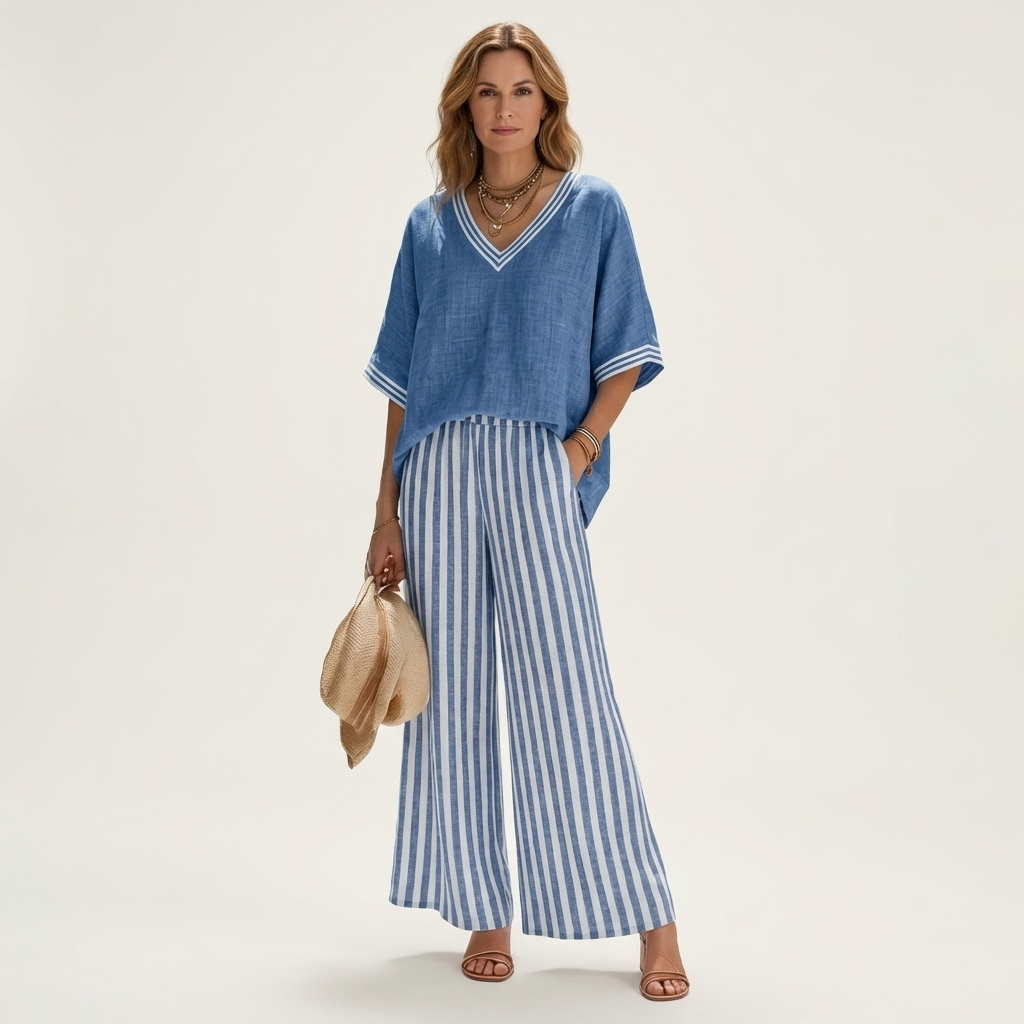 GISELLE | COMPLETO TOP VARSITY SCOLLO A V E PANTALONI A GAMBA LARGA A RIGHE