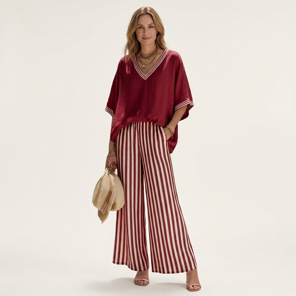 GISELLE | COMPLETO TOP VARSITY SCOLLO A V E PANTALONI A GAMBA LARGA A RIGHE