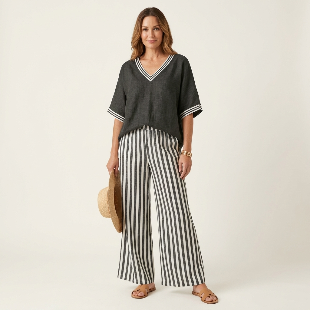 GISELLE | COMPLETO TOP VARSITY SCOLLO A V E PANTALONI A GAMBA LARGA A RIGHE