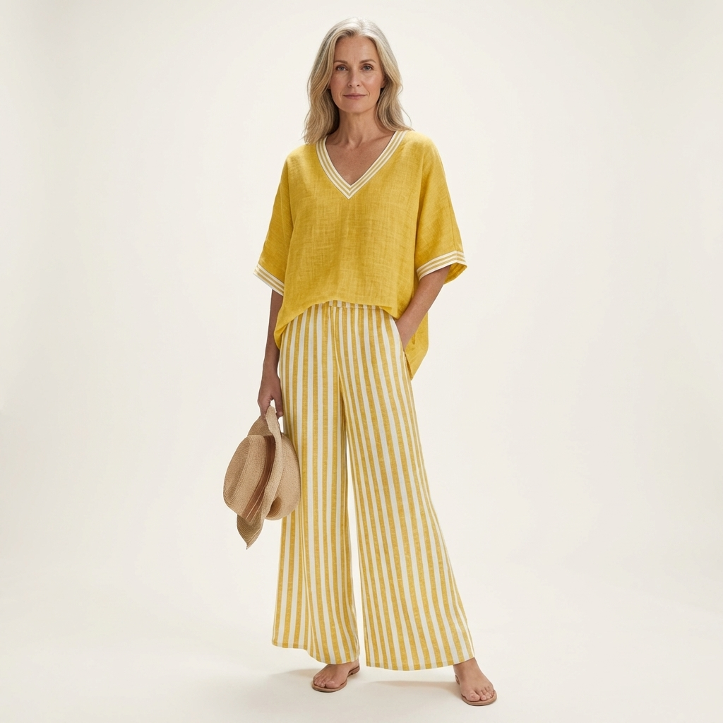 GISELLE | COMPLETO TOP VARSITY SCOLLO A V E PANTALONI A GAMBA LARGA A RIGHE
