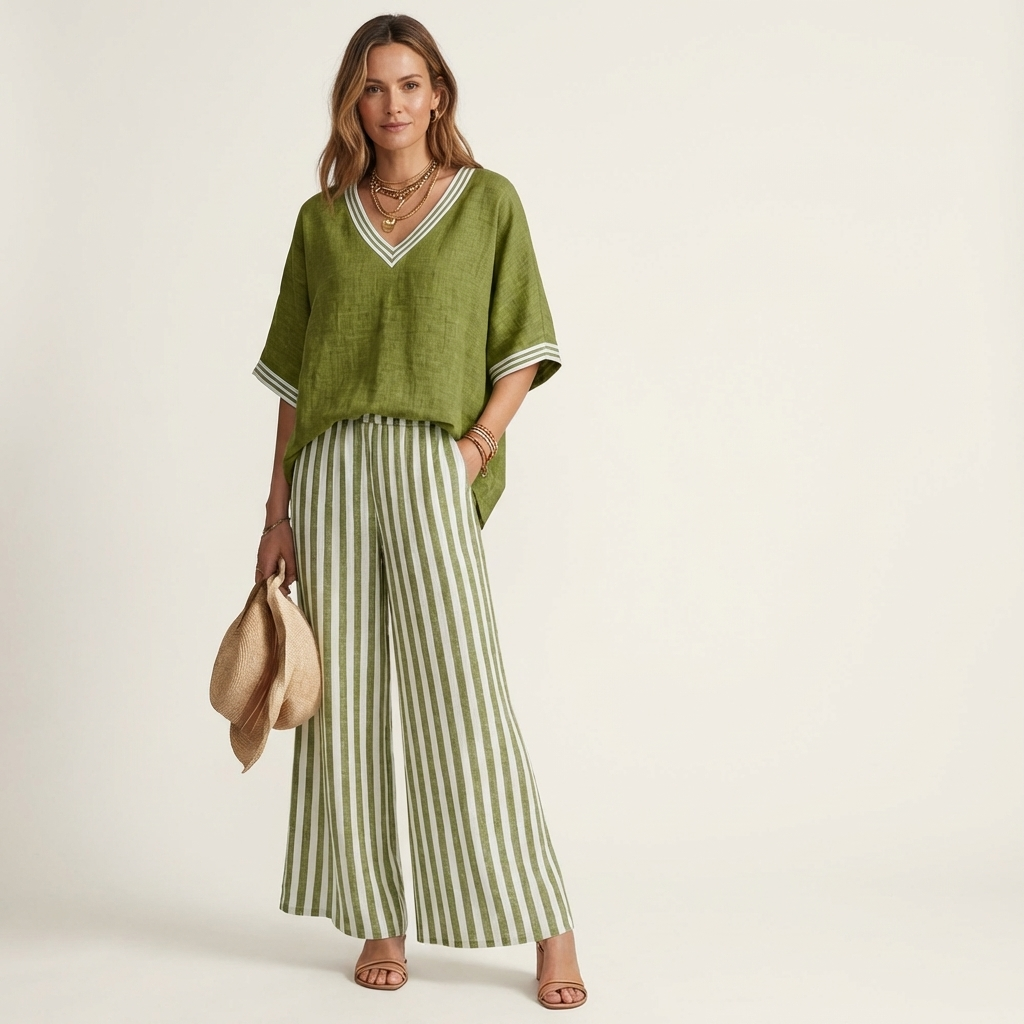 GISELLE | COMPLETO TOP VARSITY SCOLLO A V E PANTALONI A GAMBA LARGA A RIGHE