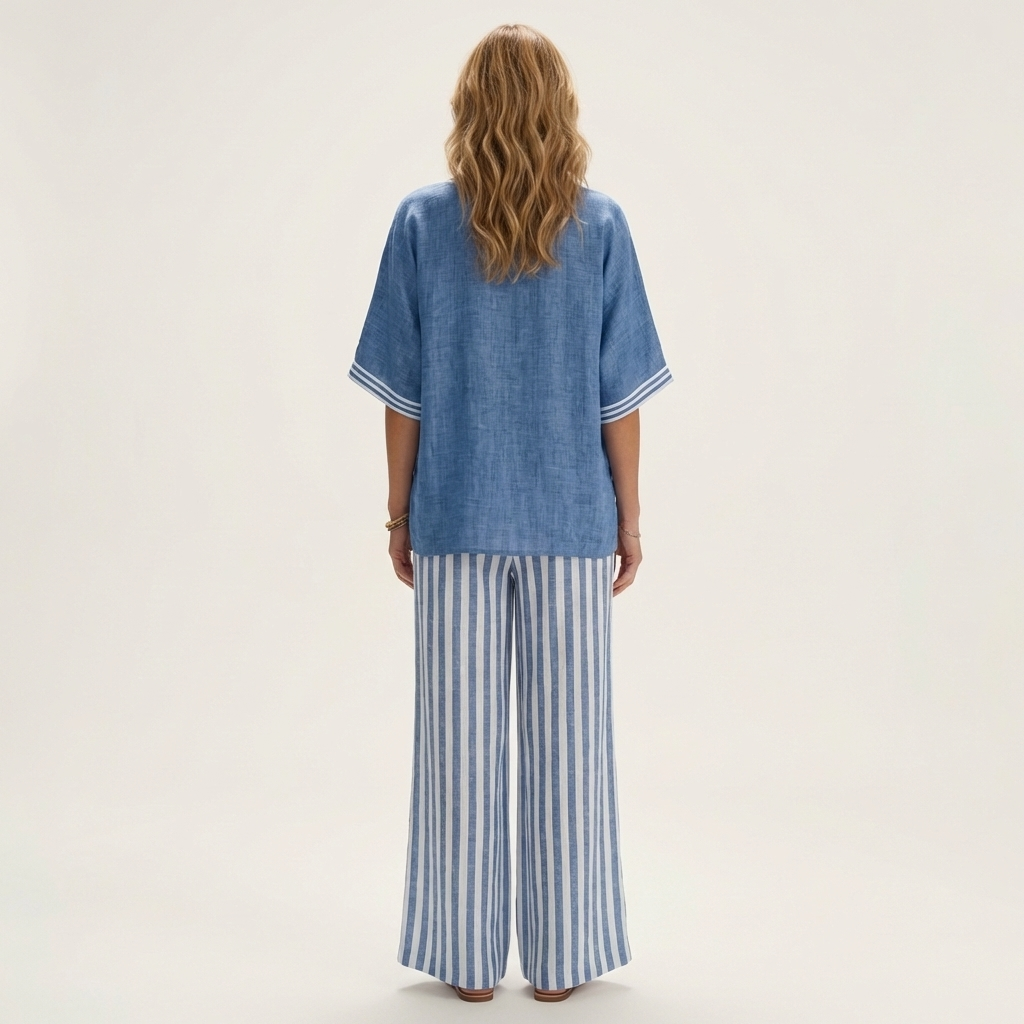 GISELLE | COMPLETO TOP VARSITY SCOLLO A V E PANTALONI A GAMBA LARGA A RIGHE
