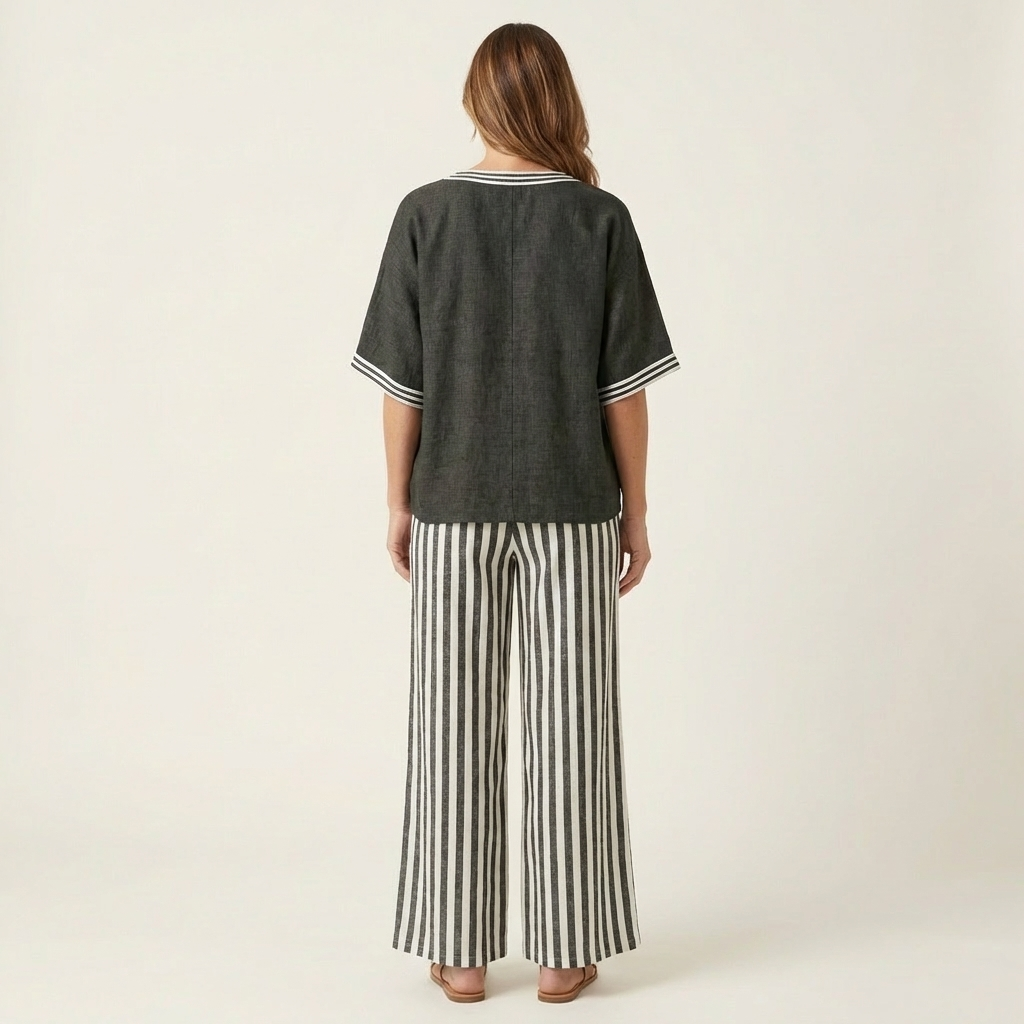 GISELLE | COMPLETO TOP VARSITY SCOLLO A V E PANTALONI A GAMBA LARGA A RIGHE