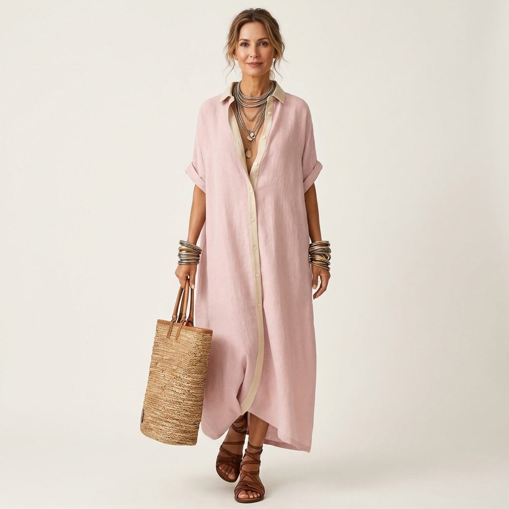 ISOLDE | MAXI ABITO A CAMICIA A MANICHE CORTE CON COLLETTO A CONTRASTO E BOTTONI SUL DAVANTI